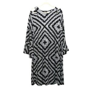Cato Dress Womens 22 24 Black White‎ Geometric Cold Shoulder Bell Sleeves